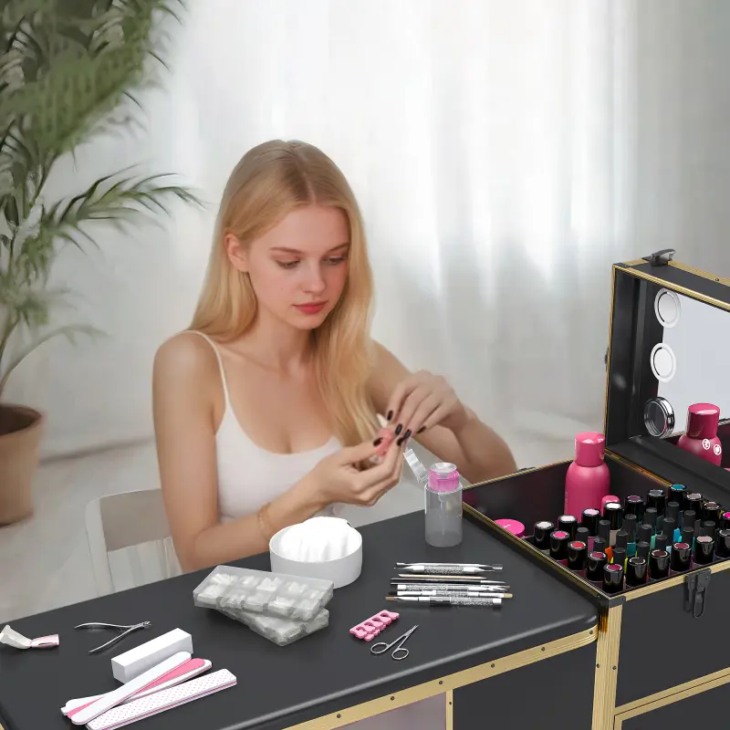 [SOIYELIFE] Portable Nail Art Table w/ LED Mirror, Bluetooth, Lockable Drawers, Telescopic Pole - Folding Manicure Station for Salons (Black Gold) Cool furniture