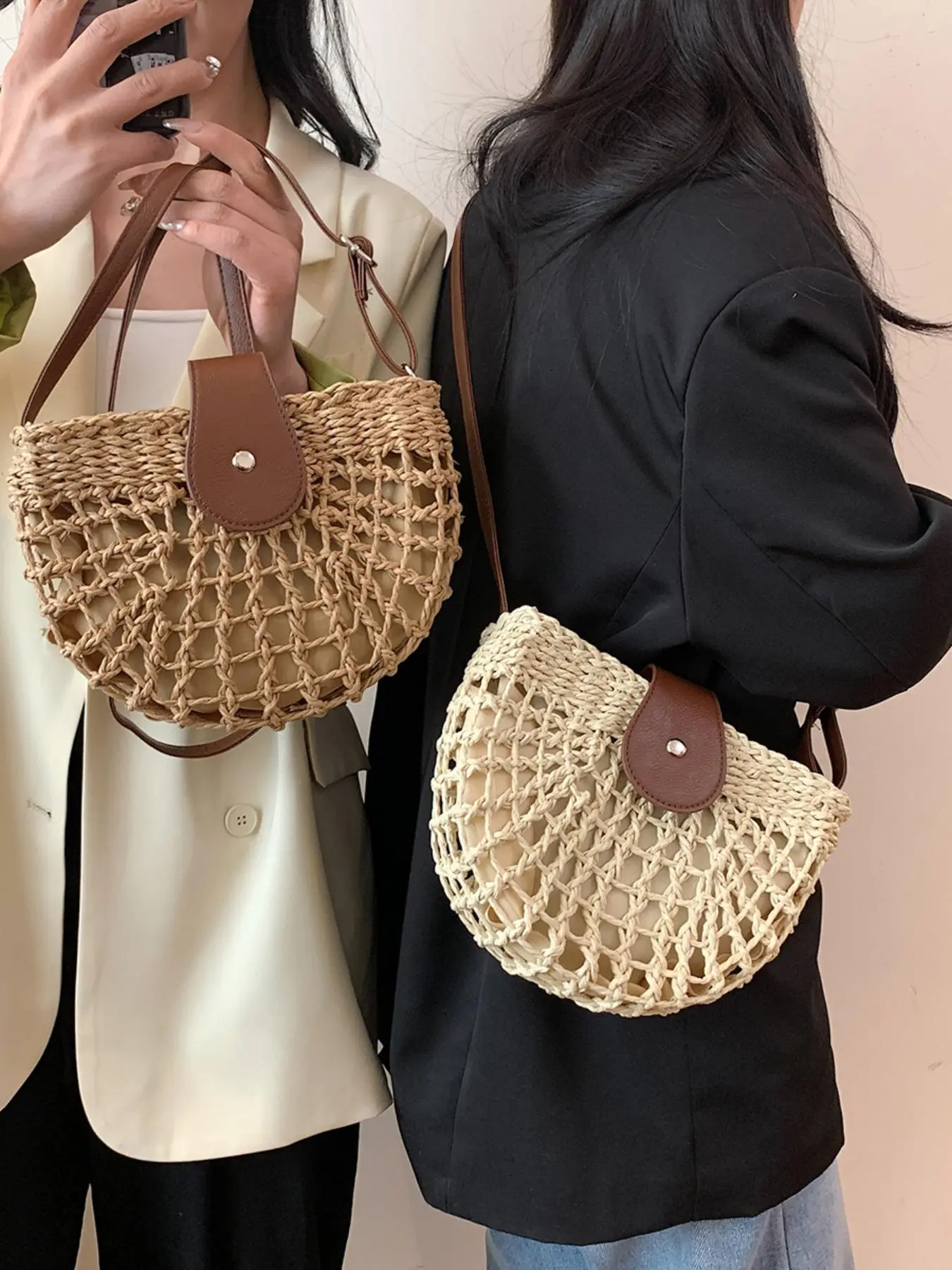 Boho Style Braid Design Crossbody Bag, Fashionable Half Moon Bag 