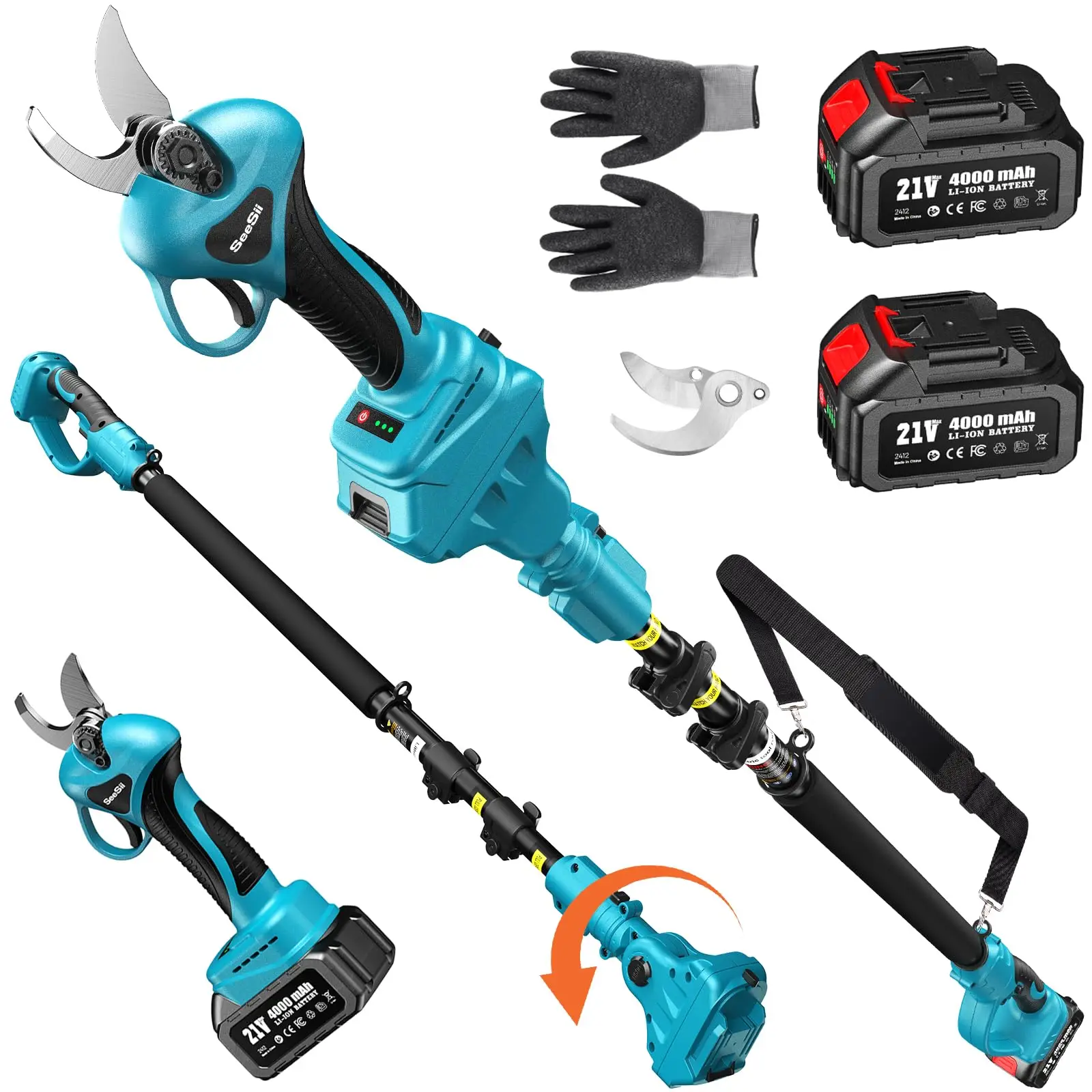 SeeSii 2-in-1 Cordless Electric Pruning Shears with Pole, 15Ft Reach, 1.2" Cutting Diameter, 21V 2x 4000mAh Batteries, Battery Powered Tree Pruner wit
