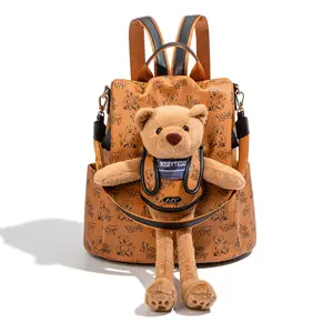 Vintage Full Print Bear Backpack 2026 New Style with 3D Plush Pendant Large Capacity Commuting School Bag