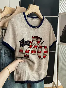 Women's American Vintage 1776 Print Knit Sweater T-Shirt, Round Neck Short Sleeve, Casual Breathable Top for Spring Summer Fall, Knitwear