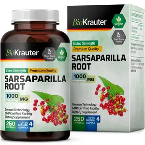BioKrauter Sarsaparilla Root Supplement 1000mg - 250 Capsules, Vegan, Extra Strength, Premium Quality, US Healthcare, Fitness & Dietary