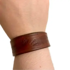 Leather Cuff Bracelet Double Feather One Of A Kind Handmade Real Leather Snap Closure Brass 8 Inches Long 7 Inch Wrist Room 1 Inch Wide Brown
