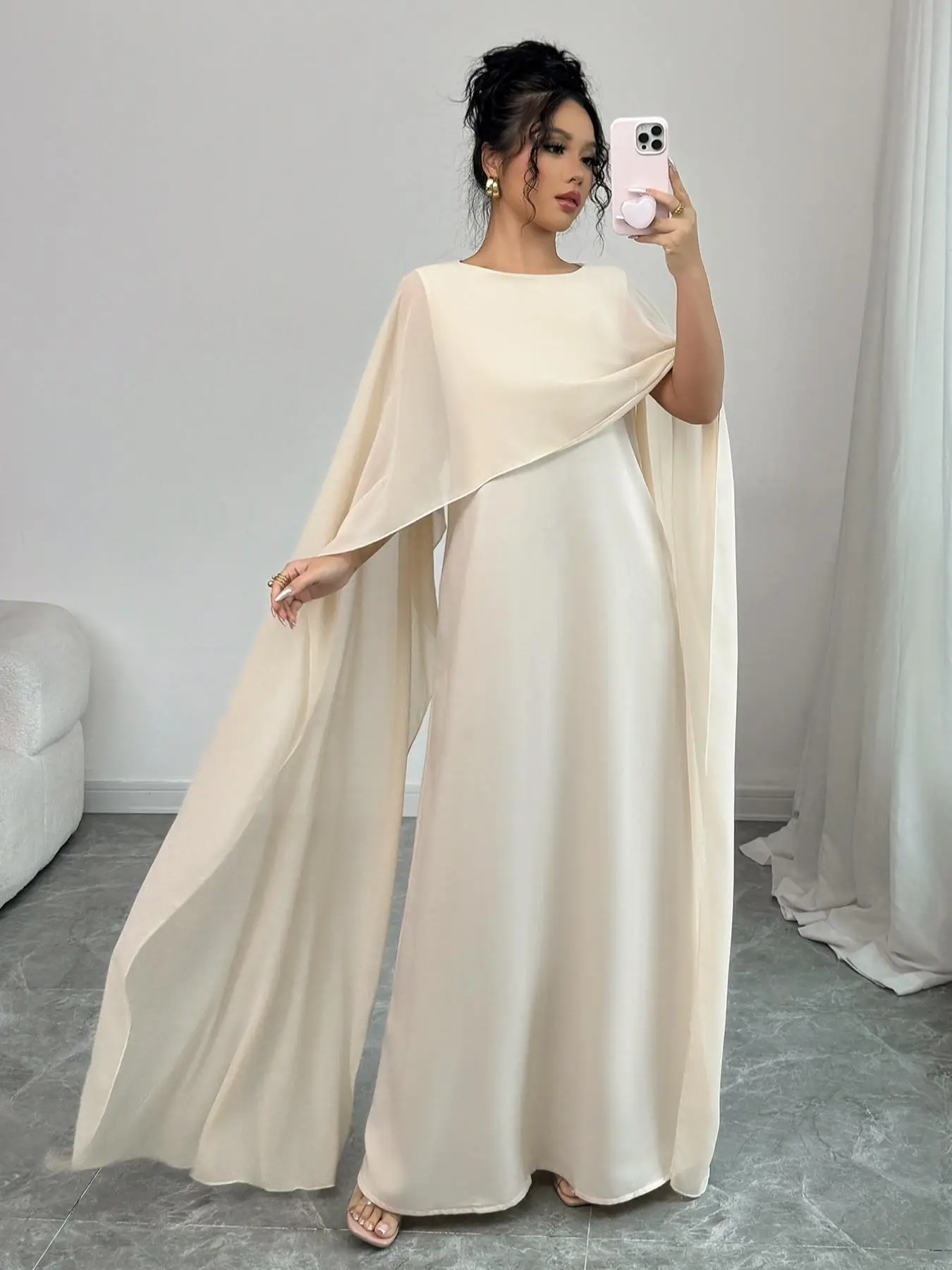 Women's Solid Color Chiffon Cape Dress, Chic Elegant Fashion Casual Muslim Abaya Dress for Daily Outdoor Wear, Women's Islamic Clothing for Summer