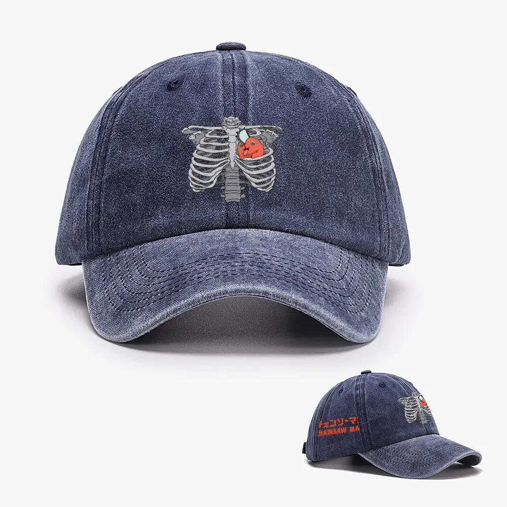 Pochita, pulsating in the center of the rib cage, symbolizes the "chainsaw heart" inside Denji's body - Retro Wash Baseball Cap