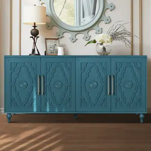 63'' Large Modern Wooden Storage Cabinet with Carved Doors, Metal Handles, Adjustable Shelves, Simple Install – Navy Blue Sideboard Console for Living Room, Kitchen