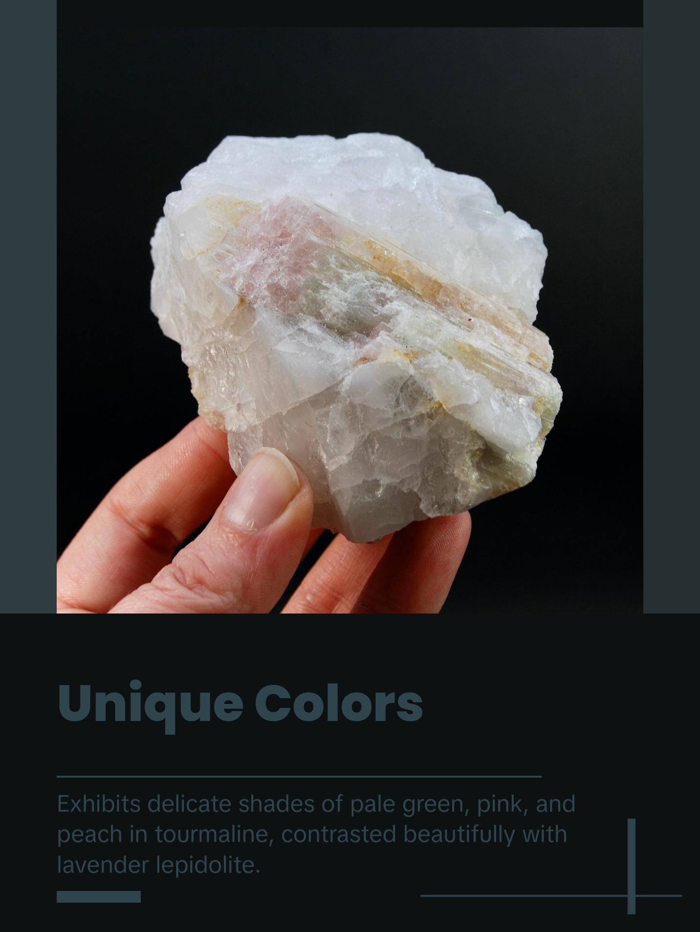 3.8in 327g Raw Tricolor Tourmaline Lepidolite Crystal on Quartz Matrix, Brazil