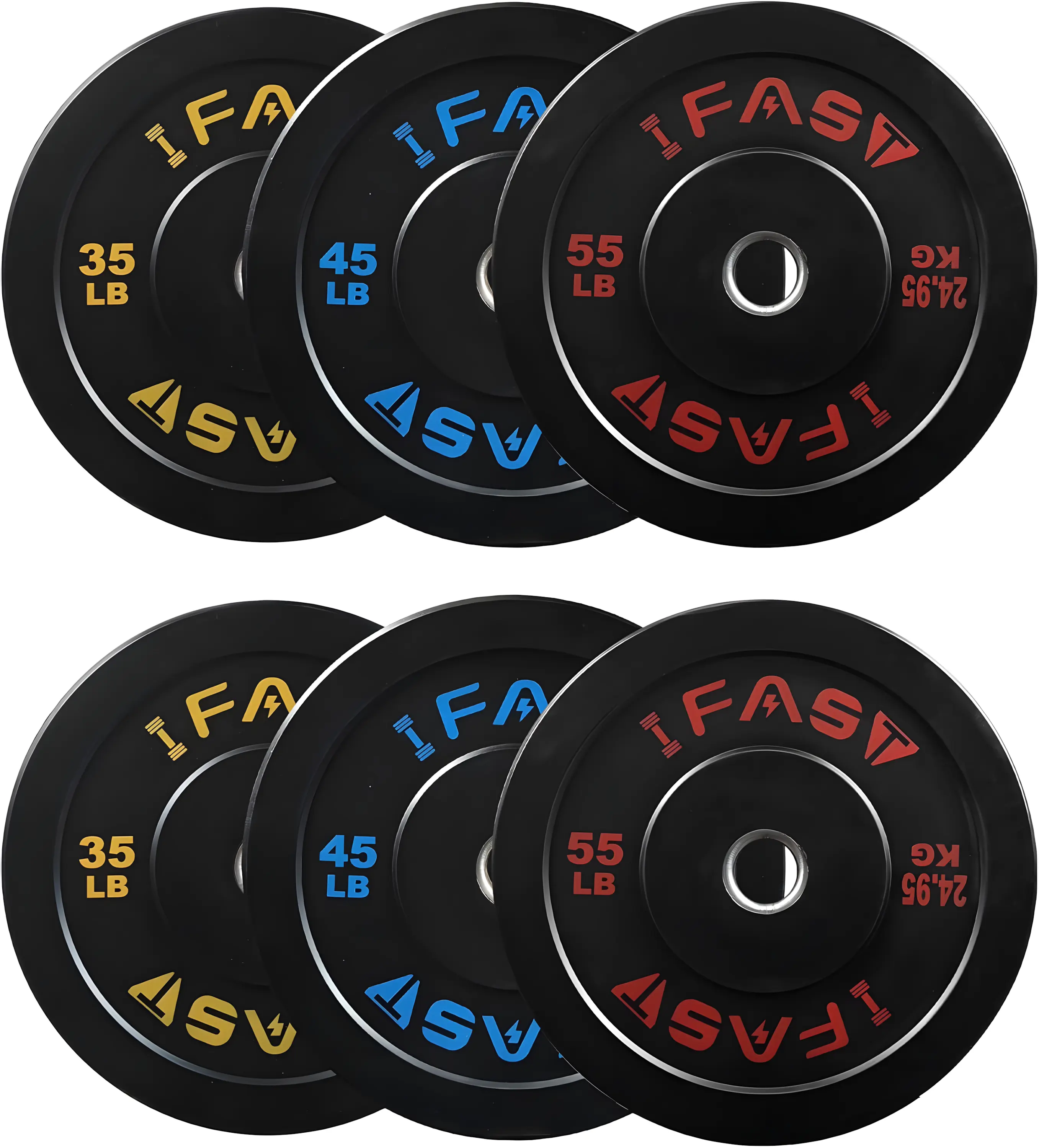 IFAST Olympic Bumper Plate (45lbs) - Color-Coded High-Density Rubber Plate with 2-in Steel Hub, Low Bounce, Ultra-Quiet, Floor-Protecting Workout Equipment for Weight Lifting, Home Gym (10-55lbs, 450mm, Unisex) with Balance Support, Protects Floors