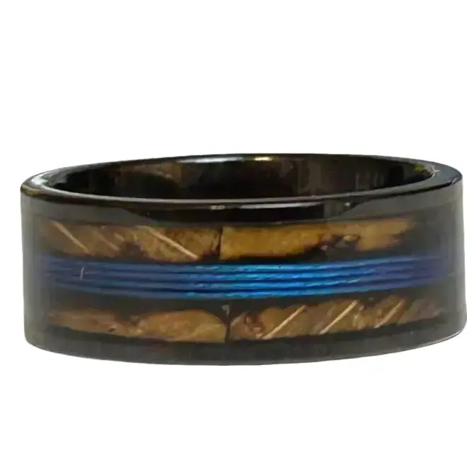 Men’s Band Ring Manly Wedding Tungsten Carbide Blue Fishing Line Whiskey Barrel