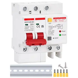 Ground Fault Circuit Breaker with  Surge Arrester Protection, 32Amp, 2 Poles, AC 120V-240V, DIN Rail Mount Residual Current Circuit Breaker