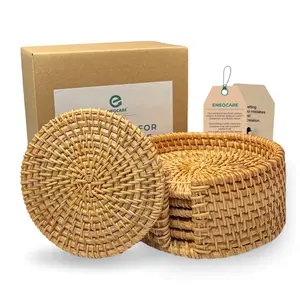 Eneocare Set of 6 with Holder Handmade Natural Rattan Coasters for Drinks, Wicker Boho Coasters, Woven Coasters for Drinks | Heat Resistant Reusable Saucers, Round Straw Trivet for Teacup