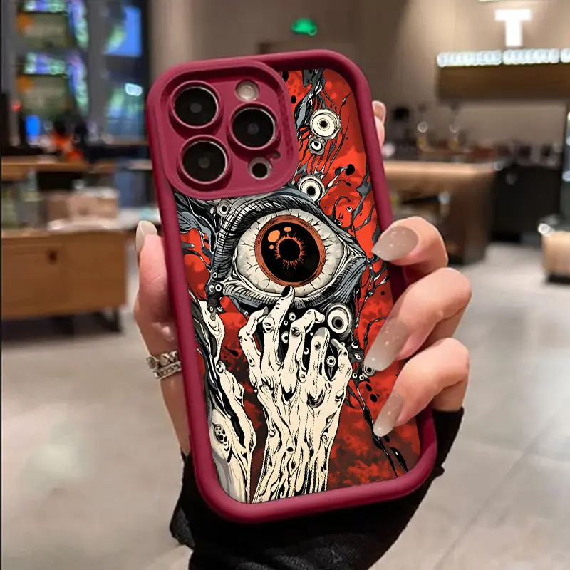 Grotesque Dark Eyeball Surreal Hand‑Drawn Illustration Pattern Phone case for iPhone 17 16 15 14 13 12 11 ProMax Pro Plus Galaxy S25 Ultra S24 S23 S22 Plus series phone cases, personalized ins style TPU anti drop fashionable protective case gift