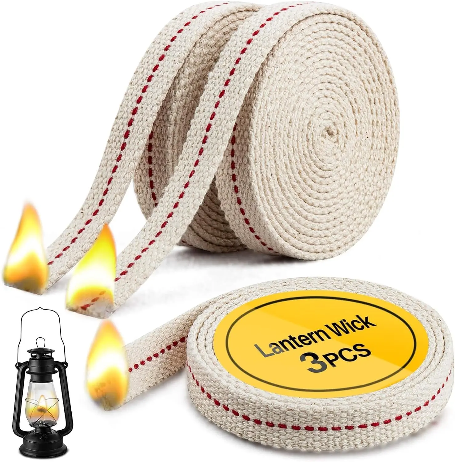 Oil Lamp Wicks - 3 Rolls 1/2" Flat Cotton Wick with Red Stitch | Replacement Wicks for Kerosene Lanterns, Torches, Hurricane Lamps & Vintage Oil Burners & Halloween Decor, 19.7 Ft Total