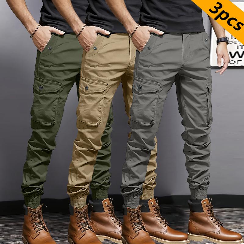 3 Pack Men's Heavyweight Multi-Pocket Work Pants with Large Cargo Pockets, Drawstring Elastic Waist Tactical Workwear - Regular Fit All Season Soldier Style, Suitable for Halloween Parties & Everyday Wear/Hiking/Construction Work - Durable Non-Stretch Fab