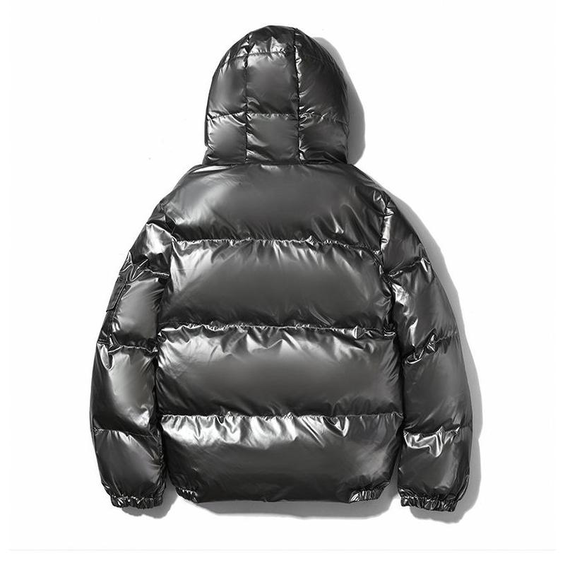 Mens Shiny Puffer Jacket Zip Up Hooded Coat Thick Cotton Padded Outerwear Warm Winter Streetwear Fashion Casual Loose Fit Clean Look Windproof Thermal Jacket With Side Pockets Stylish Minimalist Design For Cold Weather Comfort