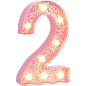 Pink Light Up Marquee Numbers, Glitter LED Number Lights Sign Battery Operated for Girls 2nd Pink Birthday Party Table Decorations, 2026 Graduation Decor, 8 Inch Number 2 with Warm White Lights