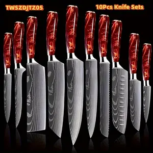 Red Resin Handle 10-Piece, Laser Damascus Pattern Chef Knife Set - Includes Chef Knife and All Types of Knives - Perfect for Easter, Women's Day, Valentine's Day, Gifts