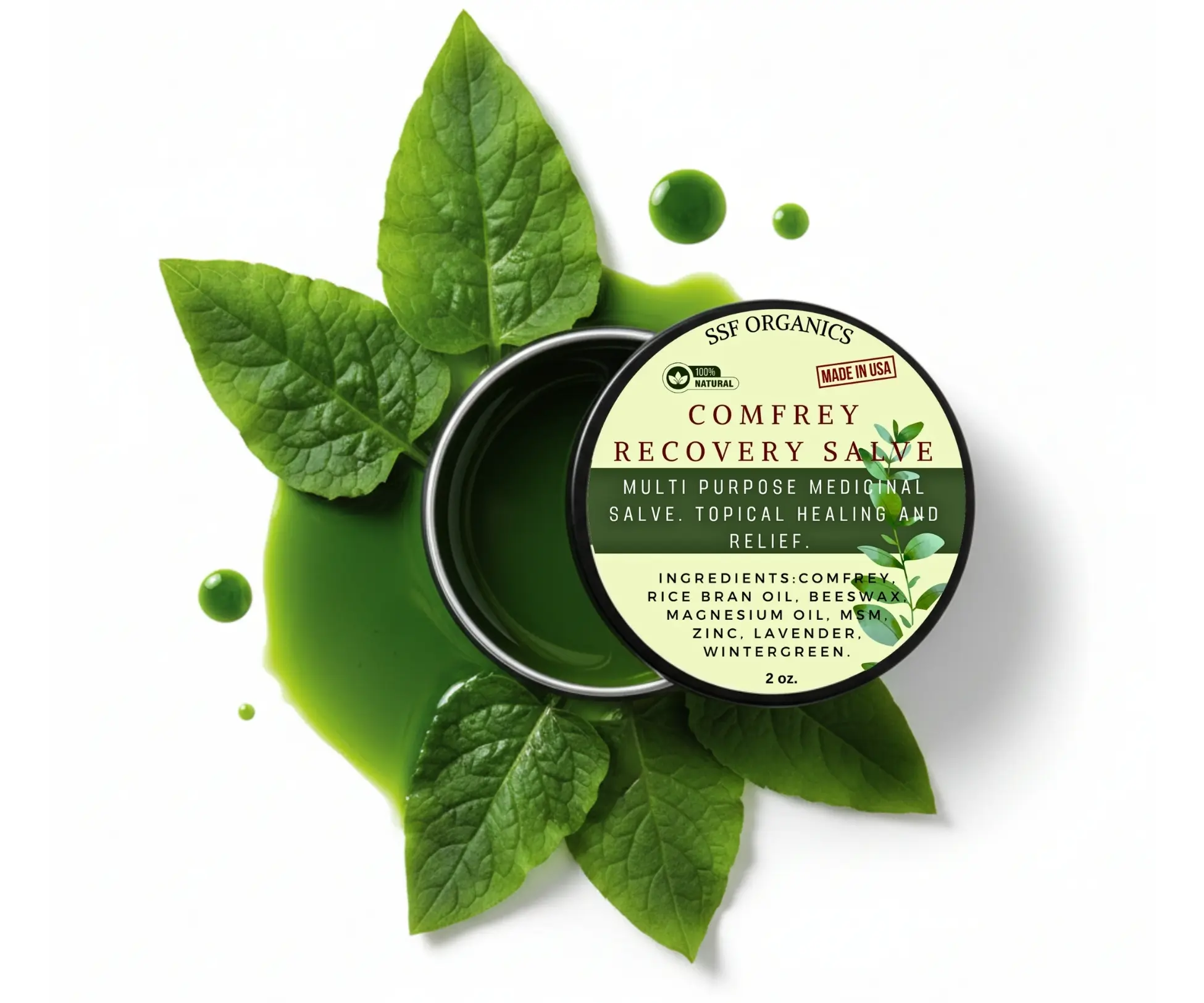 Akuna SSF Organics Comfrey Recovery Ointment - Lavender-Infused Herbal Plant-Based Rice Formula, Hydrating All-Natural Skin Repair Treatment Massage Oil Cream, 2 oz Body Care for Cuts, Muscle Recovery