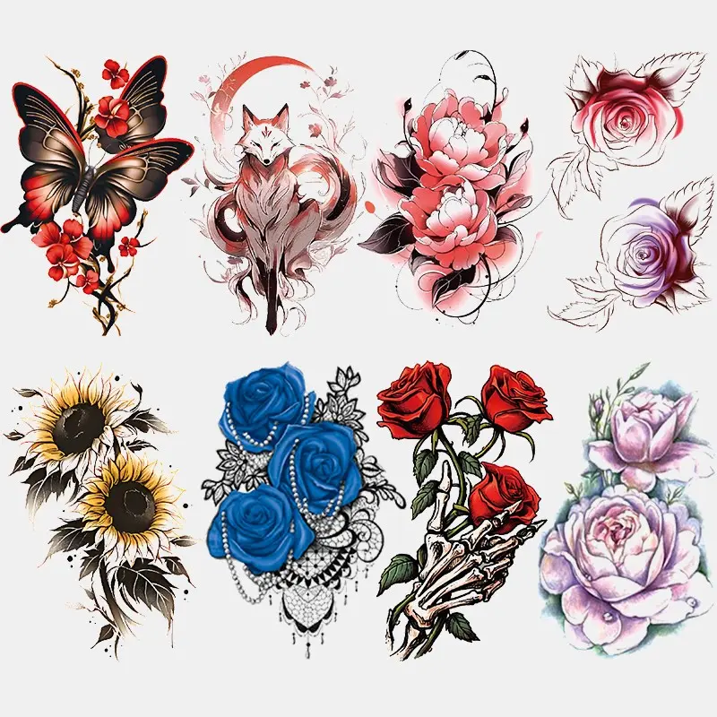 8 Pcs Watercolor Fox & Floral Temporary Tattoos, Realistic Butterfly, Skull Rose, Sunflower, Peony Designs, Waterproof Body Art for Parties, Beaches