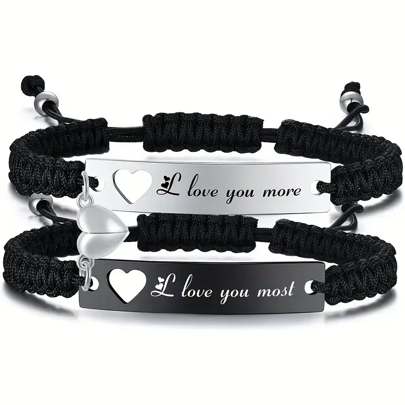 2-Piece Couple Bracelets Matching Set, Adjustable Braided Style with Stainless Steel Heart, Love Gift for Long-Distance Anniversary & Birthday, Gf Gift, Christmas