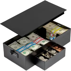 Box  Organizer - 15" x 7.5" x 4" Cashbox 5 Compartments Drawer Tray - Bills and  Slot with Combination Lock for POS Register, Kiosk, Retail, Personal and Business Use, Black