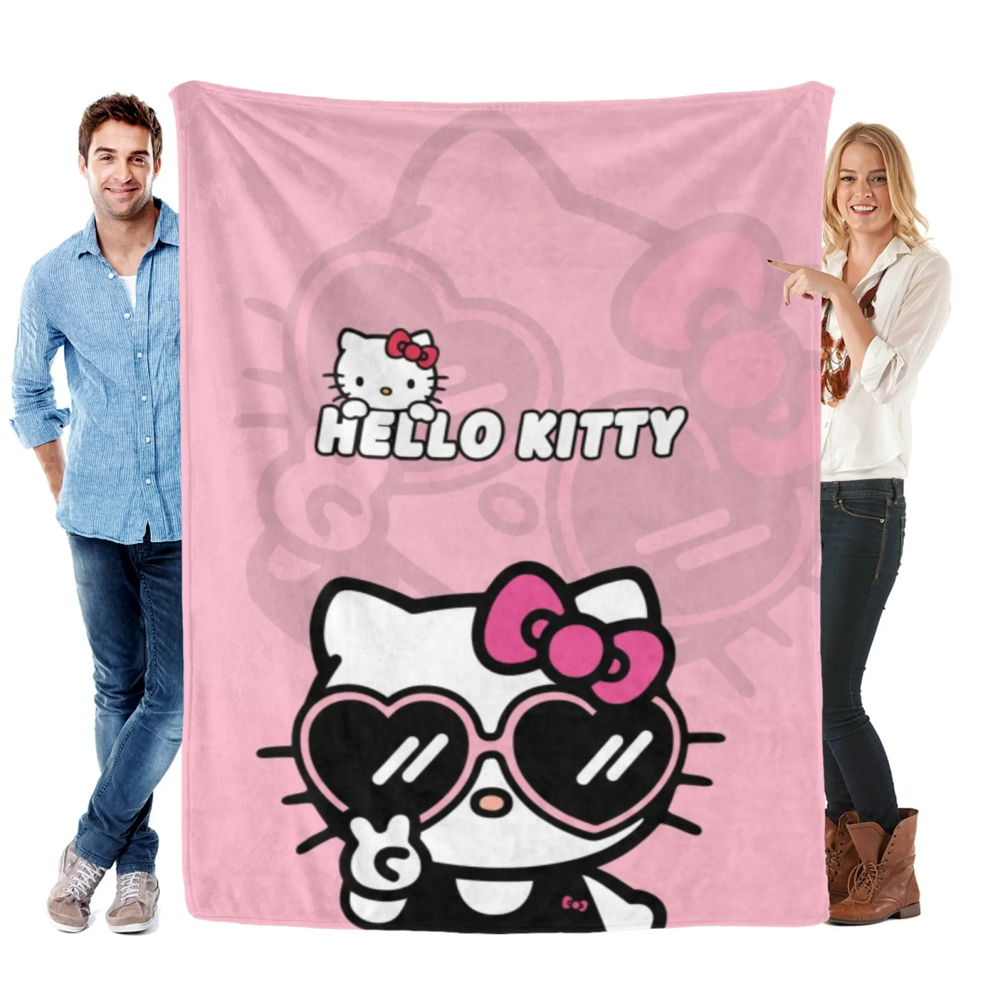[SummerVibes] SANRIO CLASSIC Hello Kitty Heart Sunglasses Flannel Blanket - Soft, Warm, Lightweight with Vibrant 2D Cartoon Design, Sofa, Bed, Office, Blanket for Couch