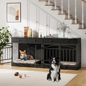 78.7" Double Dog Crate Furniture with Storage and 4 Doors, Dog Kennel Indoor with Feeding Bowls, Wood Dog Crate TV Stand for Small Medium Dogs, Black