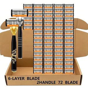 Men's Manual Razor Set, Shaving Razors, 6-Layer Stainless Steel Blade System, 2 Non-Slip Handles, 72 Replacement Heads, Suitable for All Skin Types