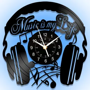 LED Music Headphone Vinyl Clock, Aesthetic Gift for Music Lovers, 12-Inch Retro Silent Non-Ticking Clock, Wall Decoration for Living Room