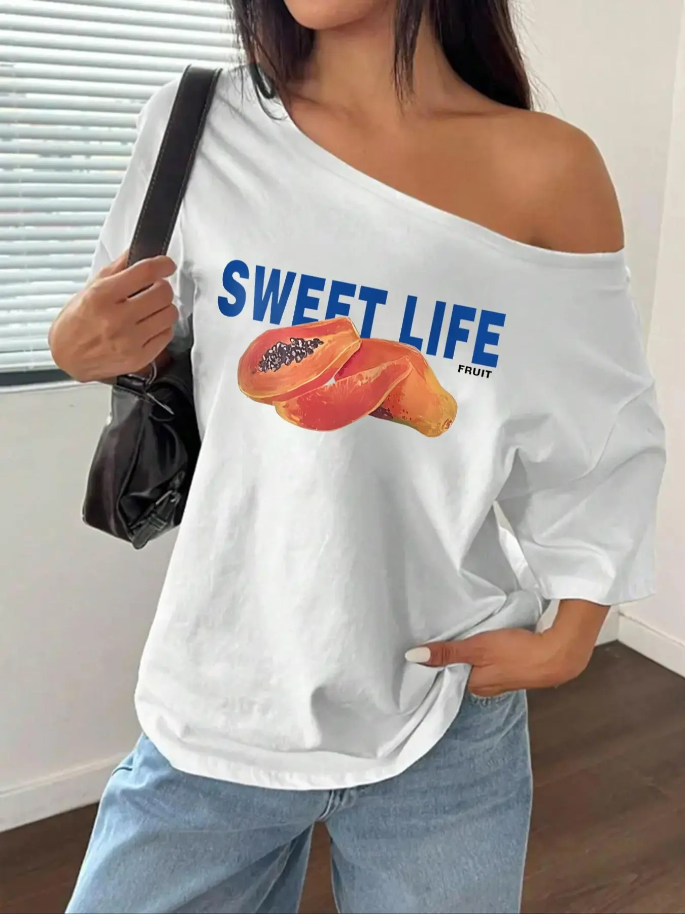 Women's Papaya Print Asymmetrical Neck Tee, Casual Sweet Fruit Print T-Shirt for Daily Wear, Ladies Clothes for All Seasons, Top