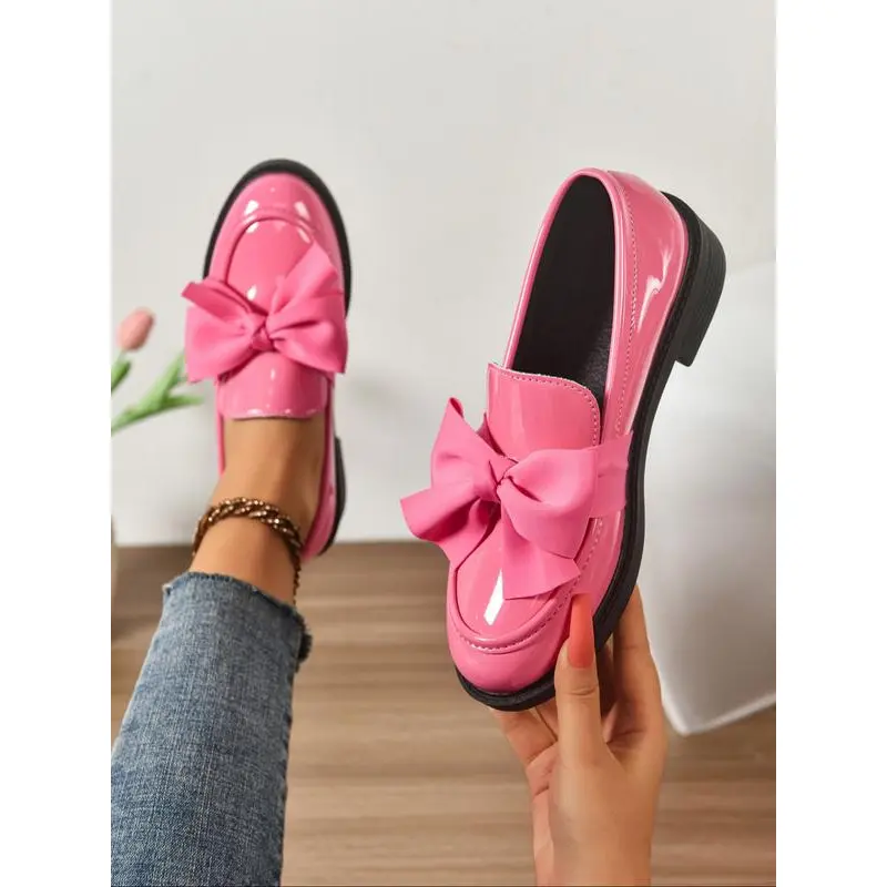 Women's Chunky Platform Loafers with Bow Accent, Slip-On PU Leather Shoes with a Comfortable Rubber Sole for Work & School