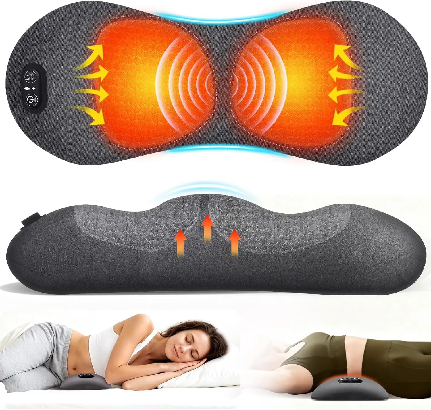 Triple Fusion Electric Lumbar Support Pillow , Traction, Heat & Vibration Massage, Somatic Therapy - Massage Devices for Adults, Lower Back Pain Relief, Stomach Body Sculpting Tool, Adjust Intensity (Bed & Chair Use)