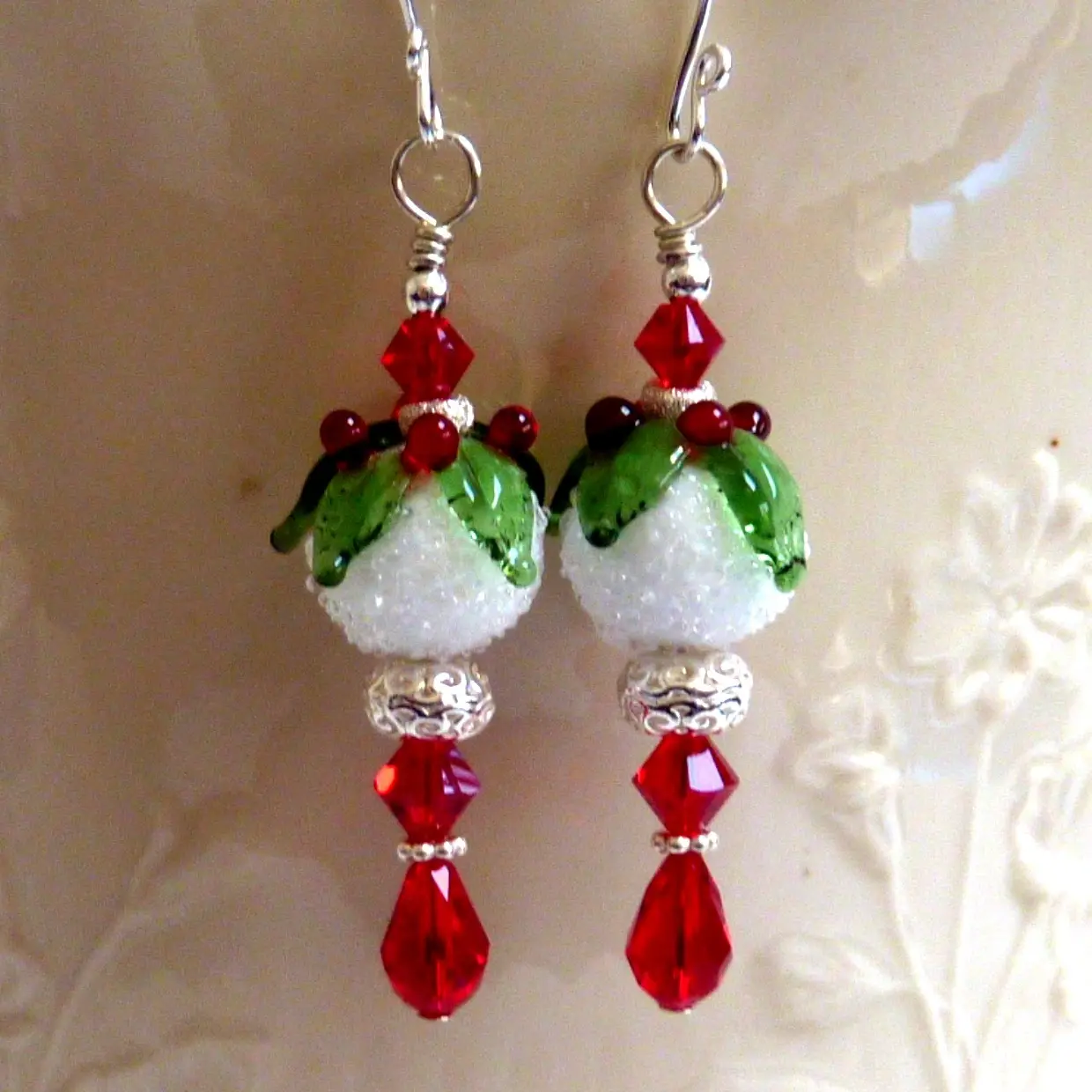 Snowball and Holly Christmas Earrings Handmade Sterling Silver Winter Earrings Made by Hand