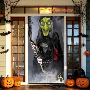 2D Flat banner 1pc Horror Witch Halloween Door Curtain Dark Retro Printed Curtain Polyester Fabric Multi-size Haunted House Party Horror Decoration