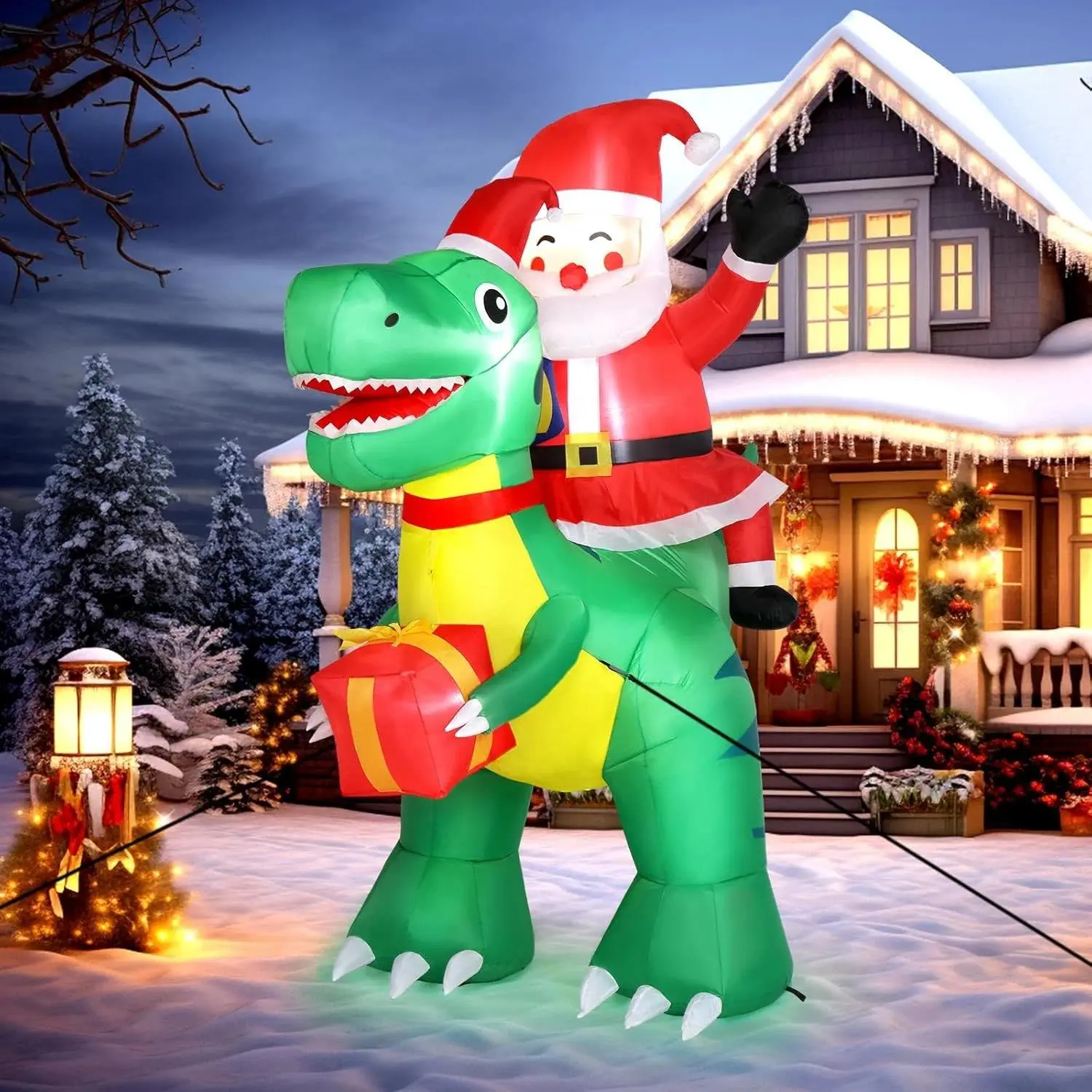 Ubesgoo 6ft Tall Christmas Santa Dinosaur Inflatable, Electric Blower-Equipped Yard Decor, Blow Up Outdoor/Indoor Garden Decoration with Secure Stakes and Storage Bag