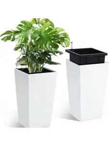 2-Piece 21.7-Inch Rectangular Tapered Planter Kit, White and Black All-Season Indoor-Outdoor Front Porch Planters with Drainage Holes, Water Level Monitor, Inner Bucket and Auto-Watering Function, All-Season Use, Rectangular Shape