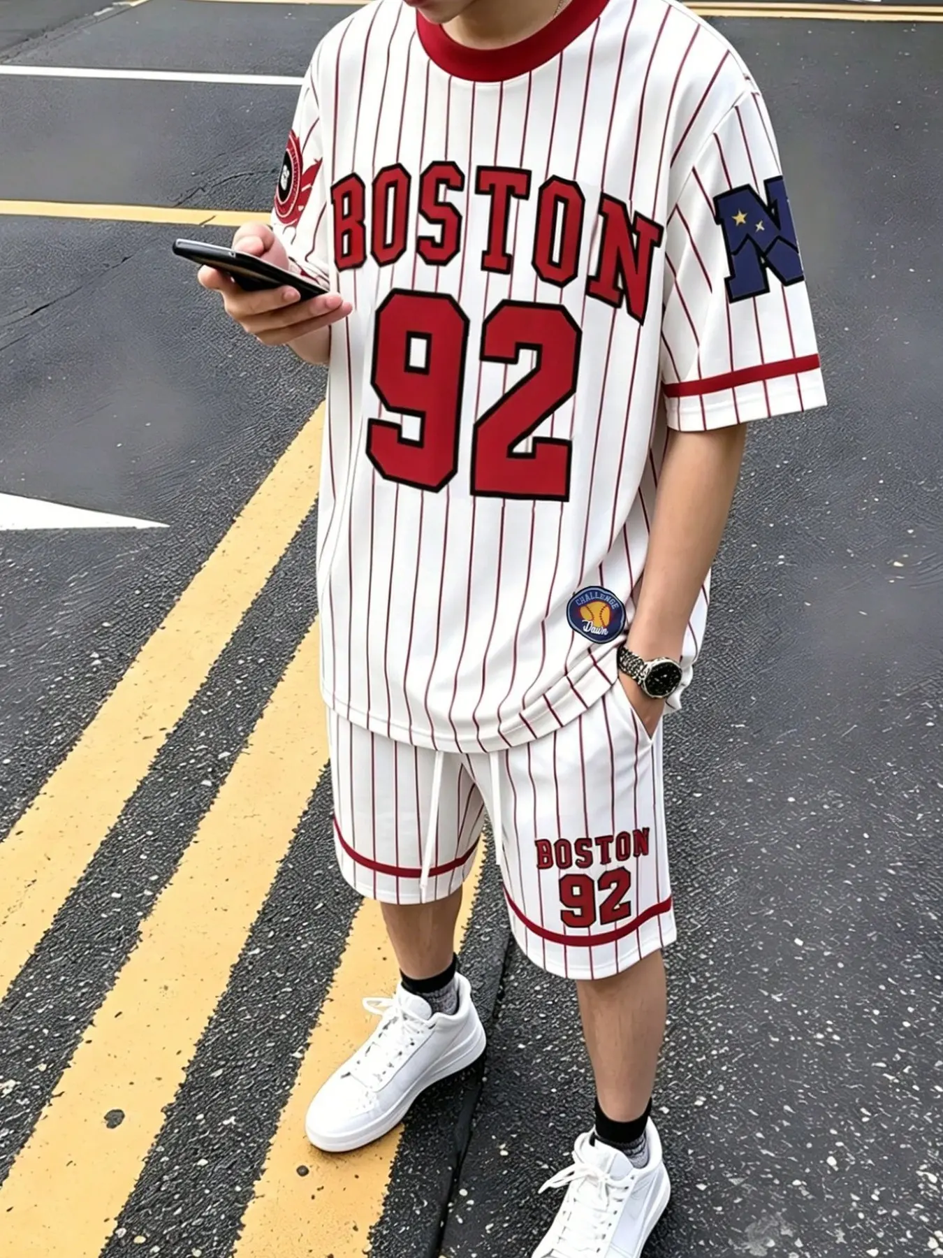 Men Women Boston 92 American Vintage Baseball Jersey 2 Piece Outfit, Retro Striped Short Sleeve T-shirt & Shorts Set, Loose Fit Varsity Streetwear Tracksuit, Breathable Sportswear for Daily Wear, Gym, Street Style & Summer Casual OOTD