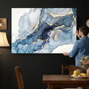 [Sale off up to 50%] [Free ship] [Frame] Blue Abstract Wall Art Canvas Print – Blue Vein Marble Style Modern Large Statement Artwork