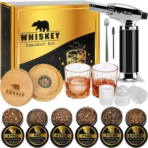 Whiskey Smoker Kit with Torch - 6 Natural Wood Chips Flavors, 2 Glasses, 2 Ice Molds - Cocktail  Infuser Kit, Old Fashioned  Kit, Birthday Bourbon Whiskey Gifts for Men, Dad(No Butane)