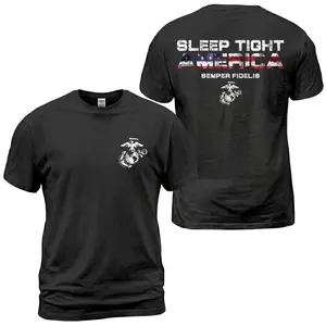 USMC Sleep Tight America Semper Fidelis T-Shirt, Marine Corps Eagle Globe Anchor Graphic Tee, Patriotic Flag Letter Back Print With Front Chest EGA Emblem, Military Veteran Outfit, Soft Cotton Tee Gift For Marines and Men