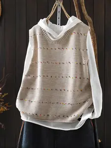 Plus Size Women's Elegant Casual Solid Round Neck Sweater Vest with Colorful Dot Decoration, Sleeveless Top for Everyday Comfort