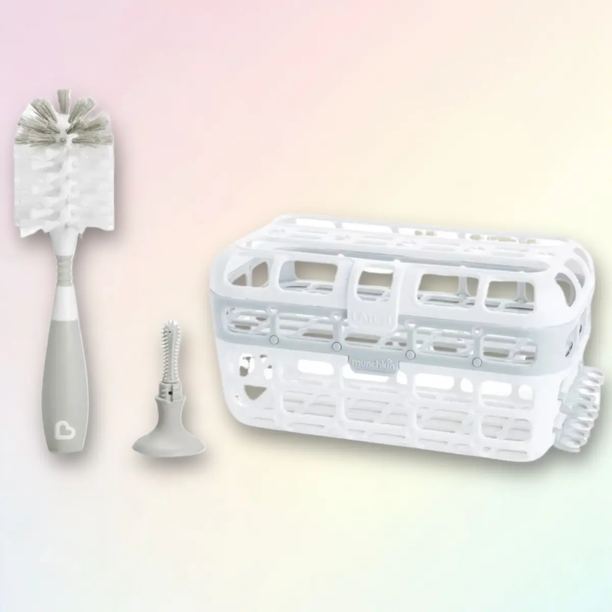 Munchkin High-Capacity Dishwasher Basket and Bristle Brush Cleaning Set in Gray - 2ct, for Baby Bottles & Utensils, High Capacity, Gray