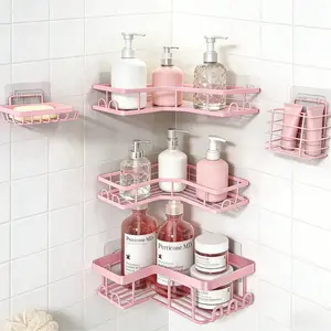 5-Pack Corner Shower Caddy Rustproof Stainless Steel Shower Organizer with Soap Rack Toothbrush Holder Large Capacity Adhesive No Drilling Kitchen & Home Decor Set Pink Bathroom Accessory Black Pink