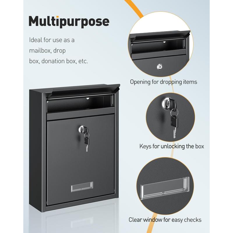 Wall Mount Mailbox for Outside, Locking Mail Box, Large Mailbox with Key Lock,  Mail Box for House, Safe Key Drop Box,  Box, Steel  Drop Box for Home Office School, Black