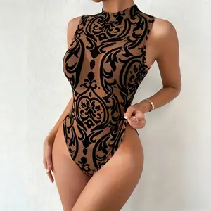 Women's sleeveless one-piece dress, semi-transparent mesh one-piece dress with floral patterns, tight-fitting women's geometric pattern one-piece pants, sexy mesh tight-fitting dress with geometric patterns