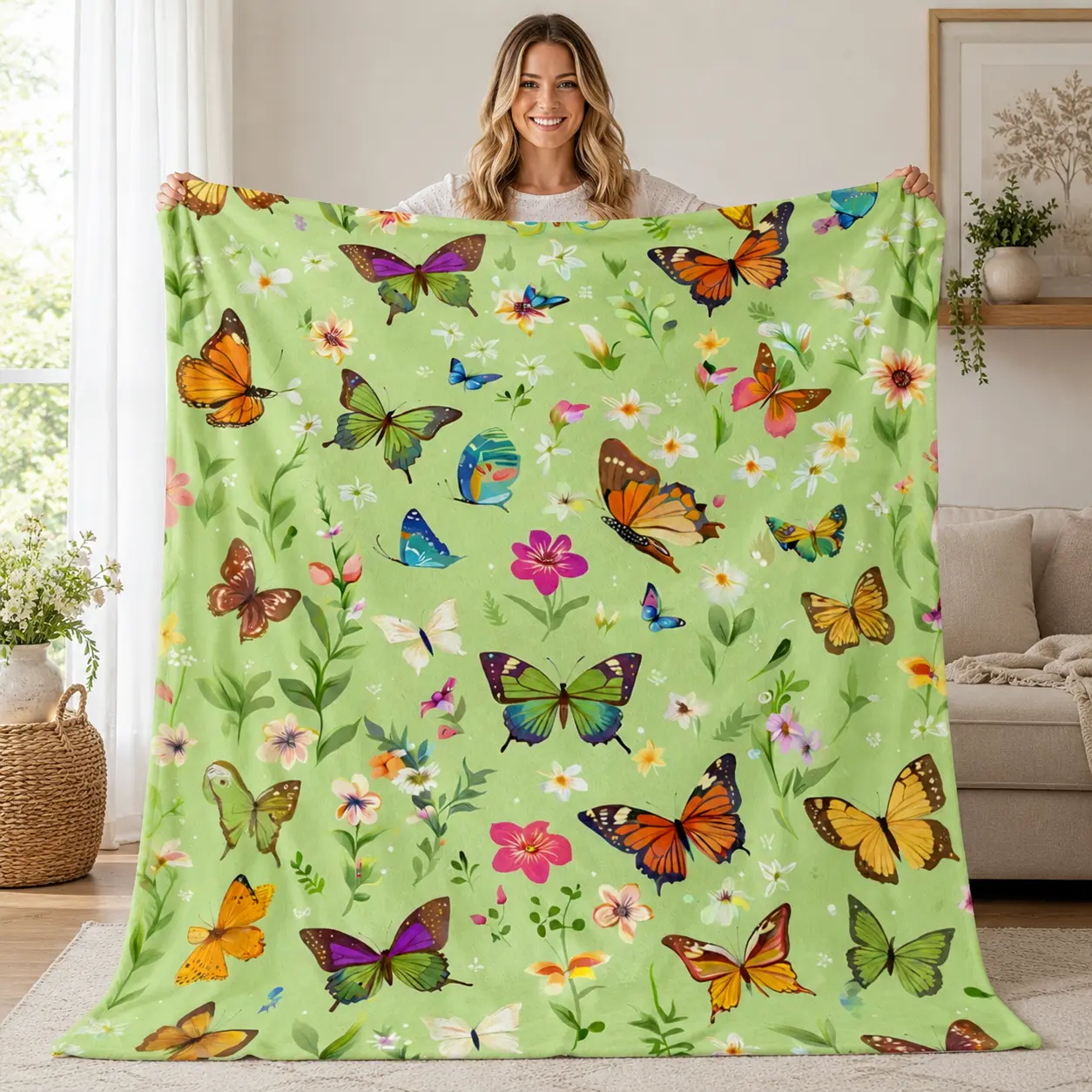 Sage Green Colorful Butterfly Wildflower Soft Cozy Flannel Blanket - Vibrant Floral Nature Warm Fuzzy Plush Throw, Perfect Birthday Gift for Butterfly Lovers Women Girls Kids Bedroom Sofa Cottagecore Home Decor