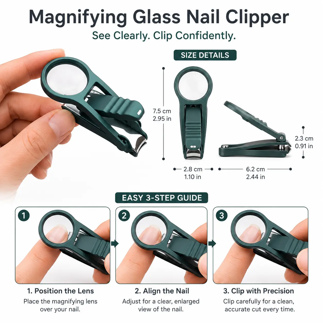 10X Magnifying Nail Clipper with Built-In Magnifier, Stainless Steel Nail Cutter with Adjustable Viewing Angle, Easy Grip Precision Trimmer for Fingernails & Toenails, Seniors & Adults
