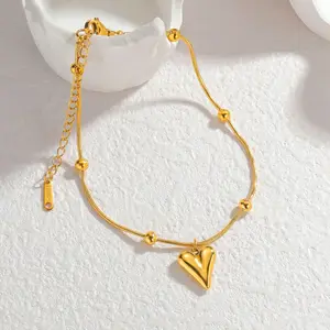 18K Gold-plated Elegant Summer Pearl Snake Bone Chain Heart-shaped Pendant Stainless Steel Women's Ankle Chain, Beach Beach Jewelry
