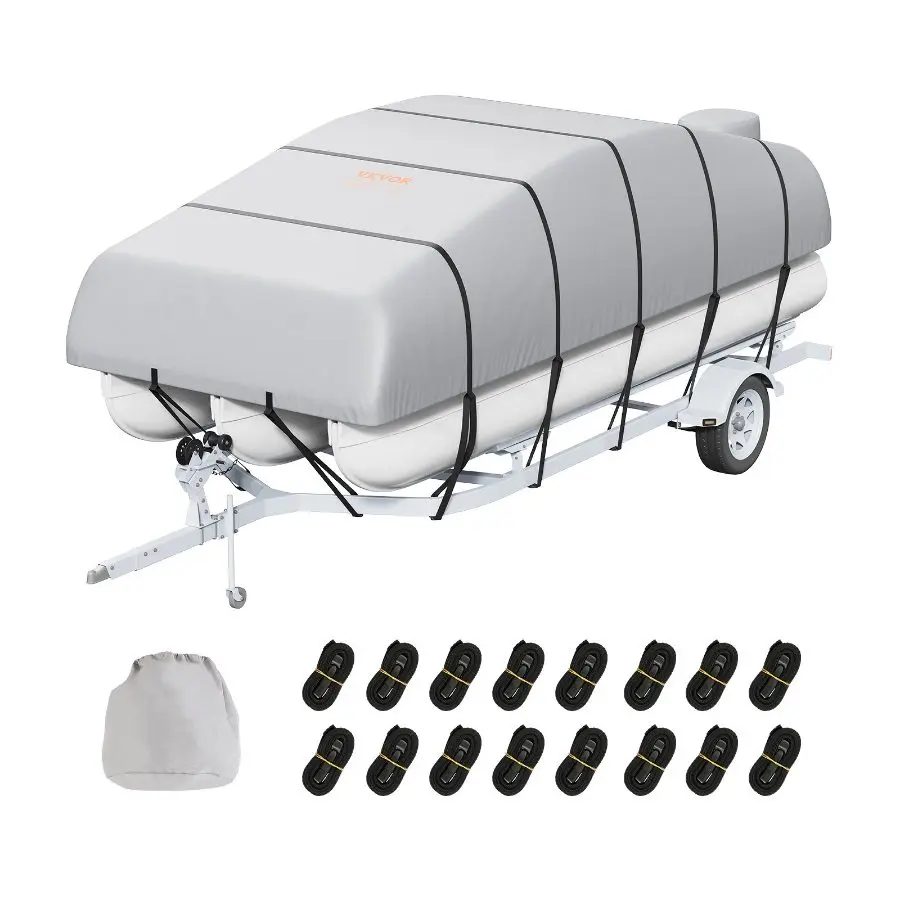 fathersdaygift VEVOR Pontoon Boat Cover, 19'-20' Waterproof Trailerable Pontoon Cover, 800D Marine Grade PU Oxford Fabric, with Motor Cover, 16 Windproof Buckle Straps, Fits for 19'-20'L, Beam Width to 96, Grey