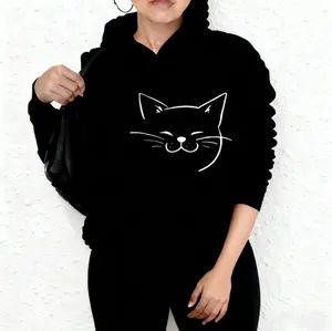 Vintage Cat Face Smiley Print Hoodie | Regular/Thick Version | All-Season Comfort | Women's Oversized Long-Sleeve | Loose Fit | Versatile for Jeans & Leggings | Casual Hooded Pullover